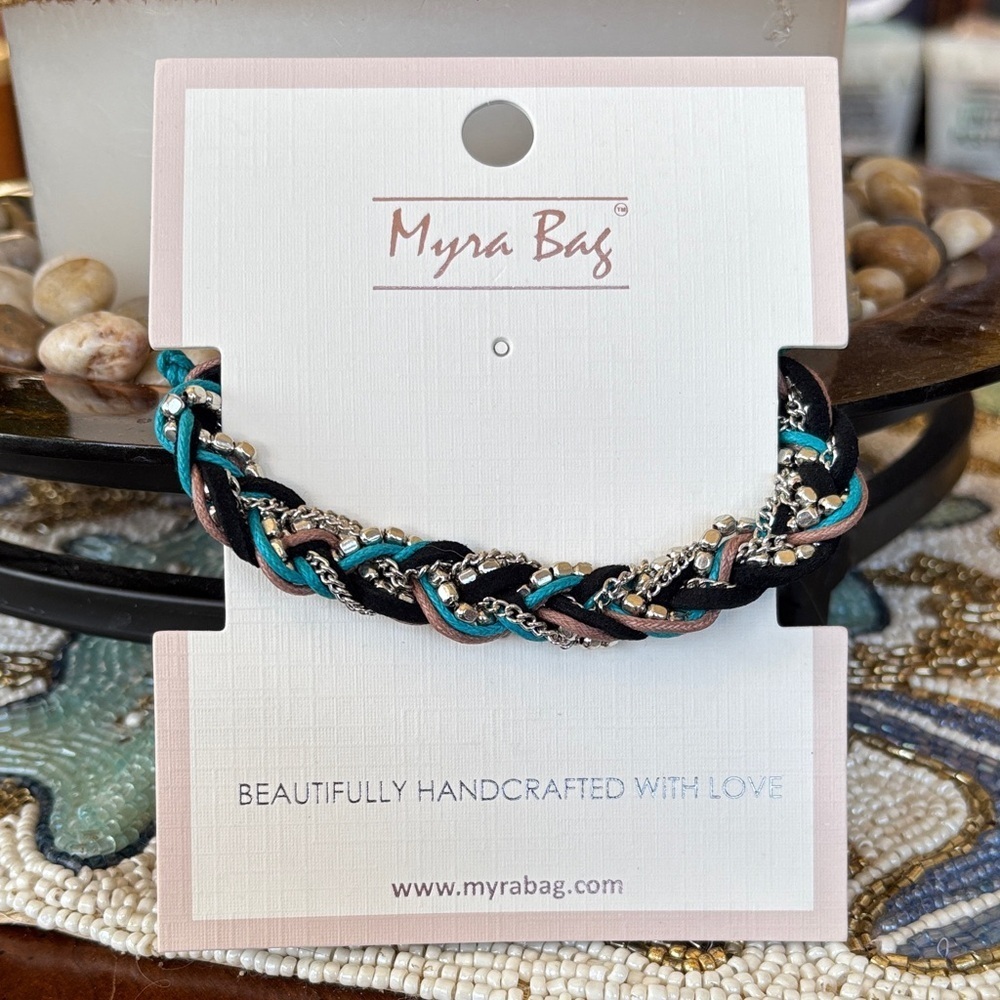 Brand New Myra Bag Braided Helix Bracelet Brown Turquoise Cords Silver Chain